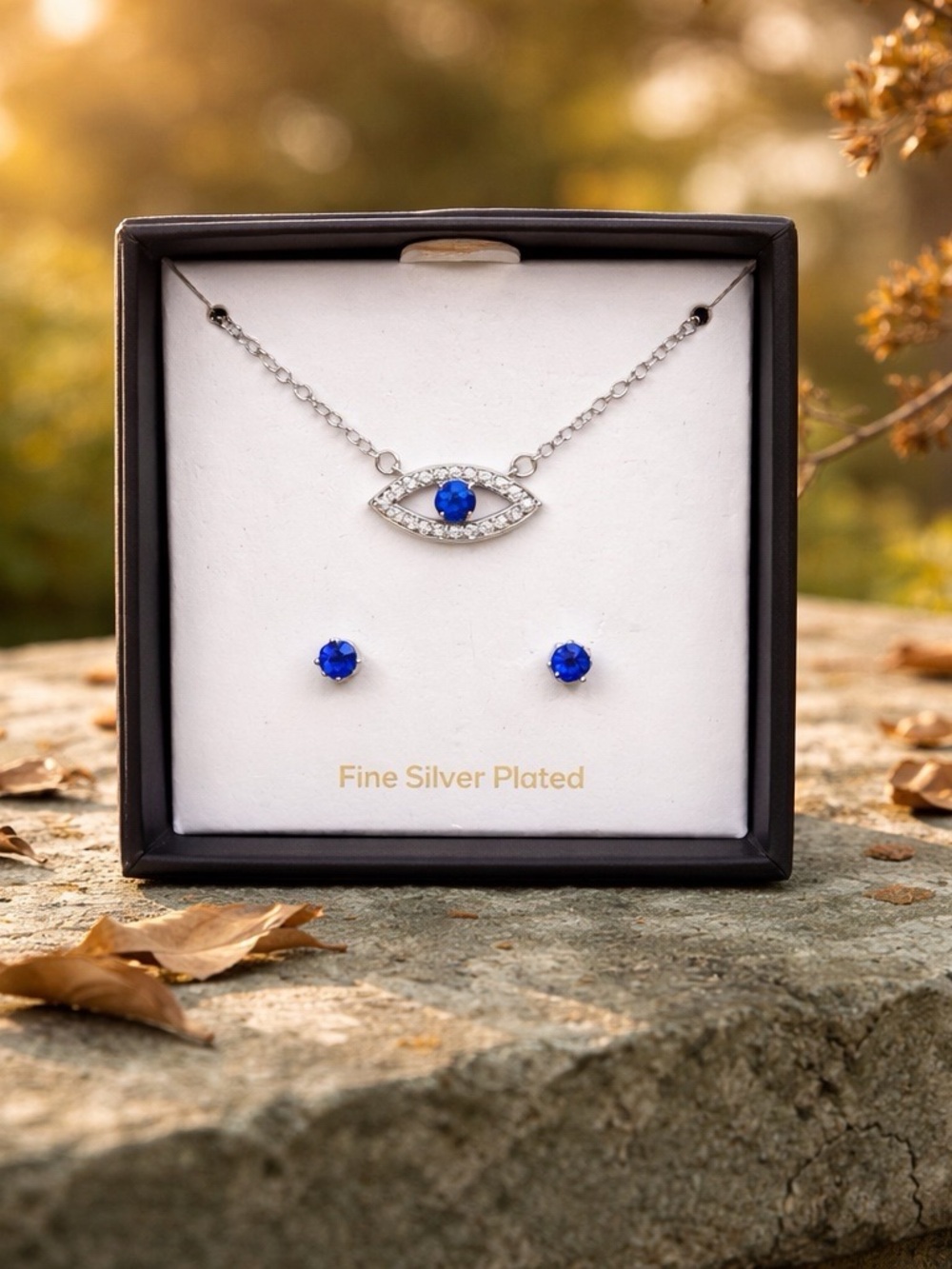 Fine Silver Plated Blue Crystal Eye Necklace & Stud Earrings Set